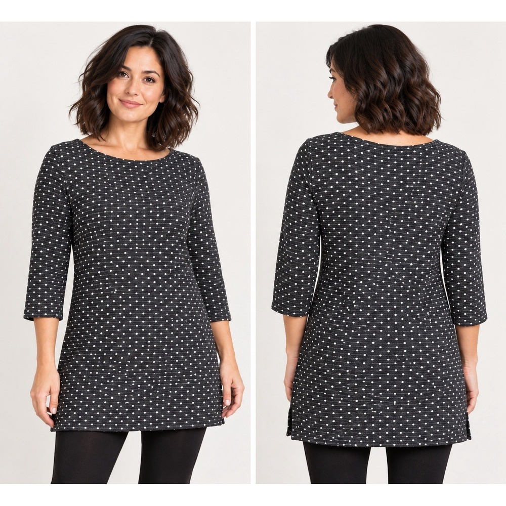 Land's End Woman's XL Gray Cream Polka Dot Cotton 3/4 Sleeve Shift Tunic Top